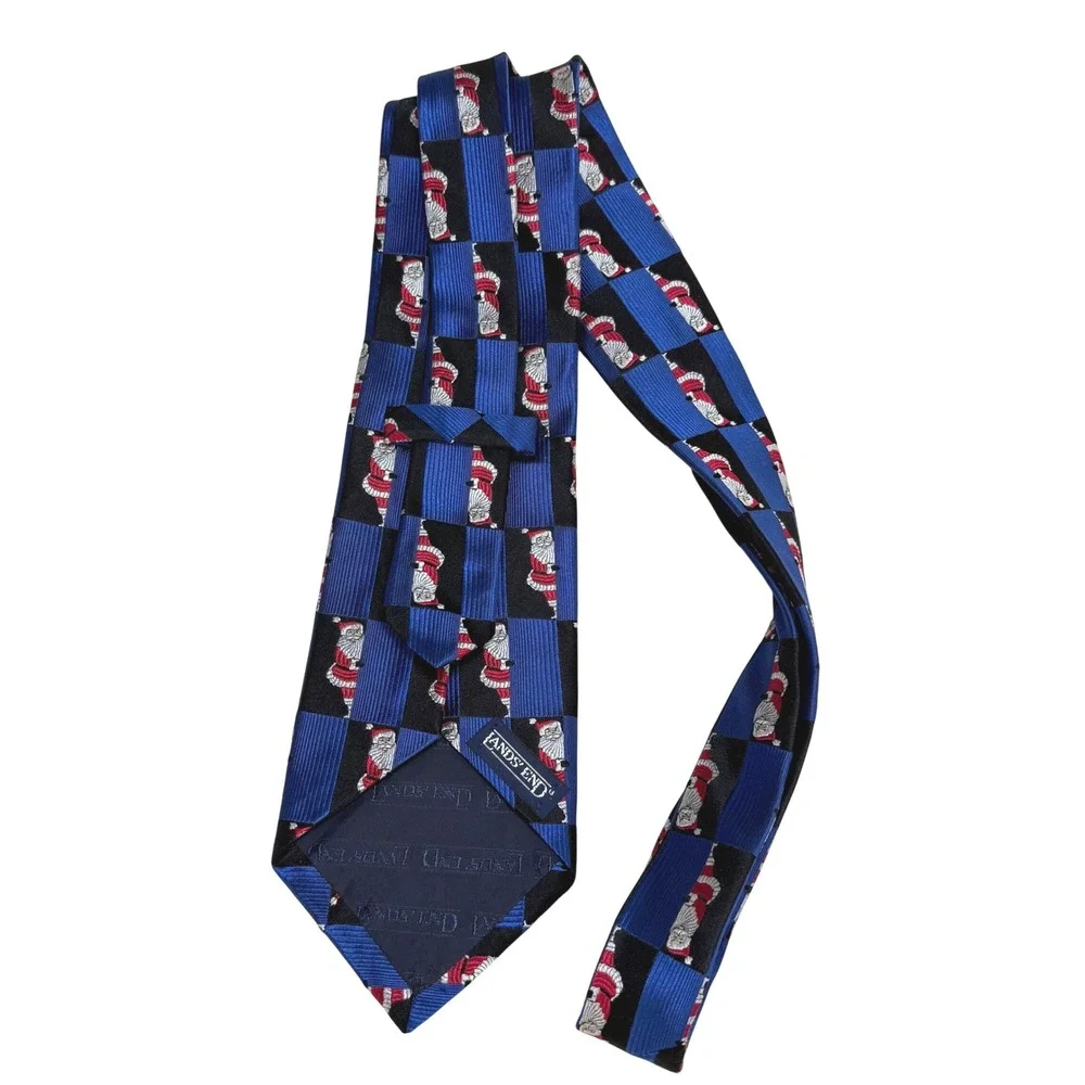 Lands End Mens Silk Necktie Blue Black Santa Claus Checkered Christmas Holiday